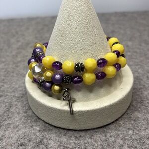 Purple Yellow Beaded Memory Wire Wrap Bracelet Cross Charm Silver Tone